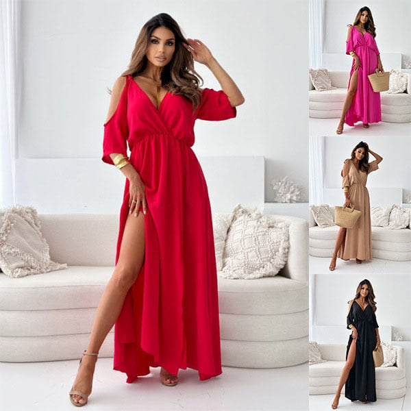 Havessira - Elegant Off-Shoulder V-Neck Maxi Dress