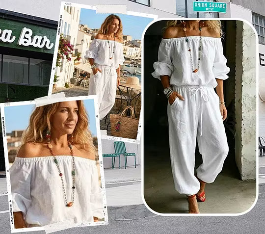 Brixavelle - Women's Off-the-Shoulder Cotton Jumpsuit with Tie Waist