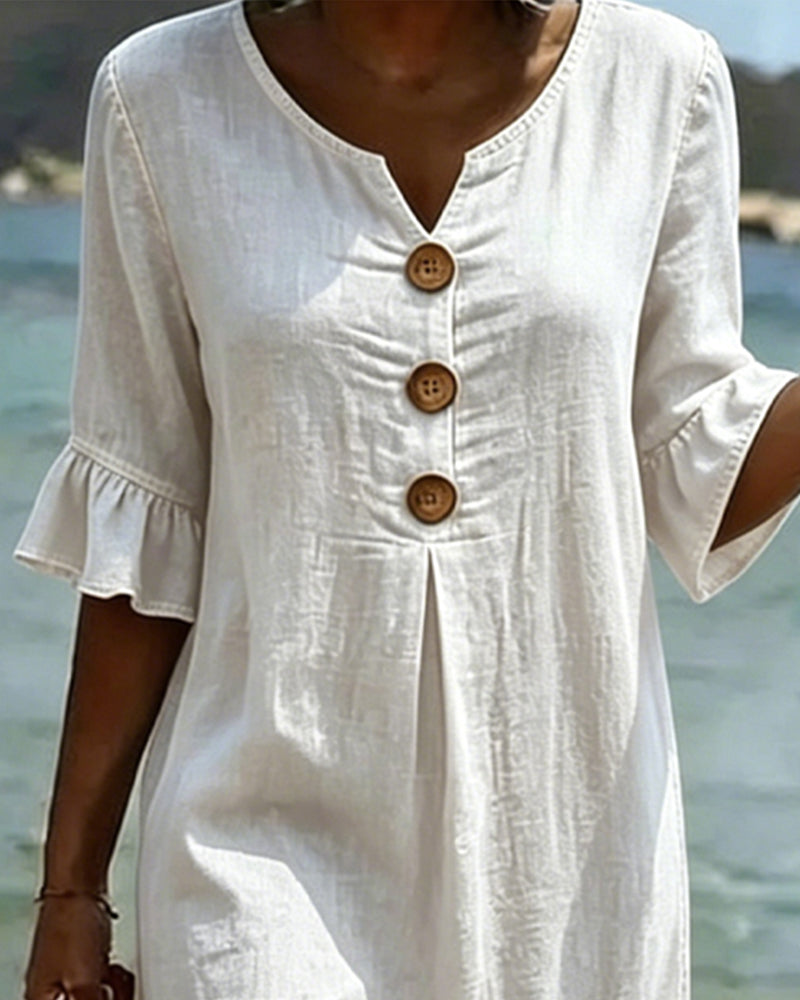 Fynorae - Women's denim dress with ruffled sleeves, flowy cut, for summer beach
