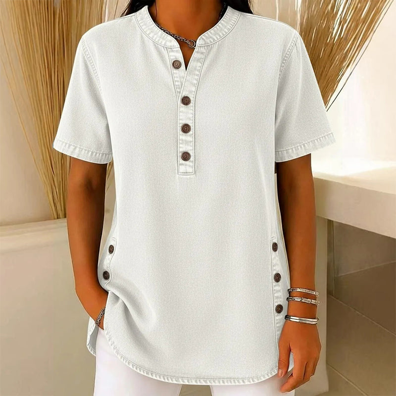 Kynessa - Women's Lightweight Denim Tunic with Short Sleeves and V-Neck