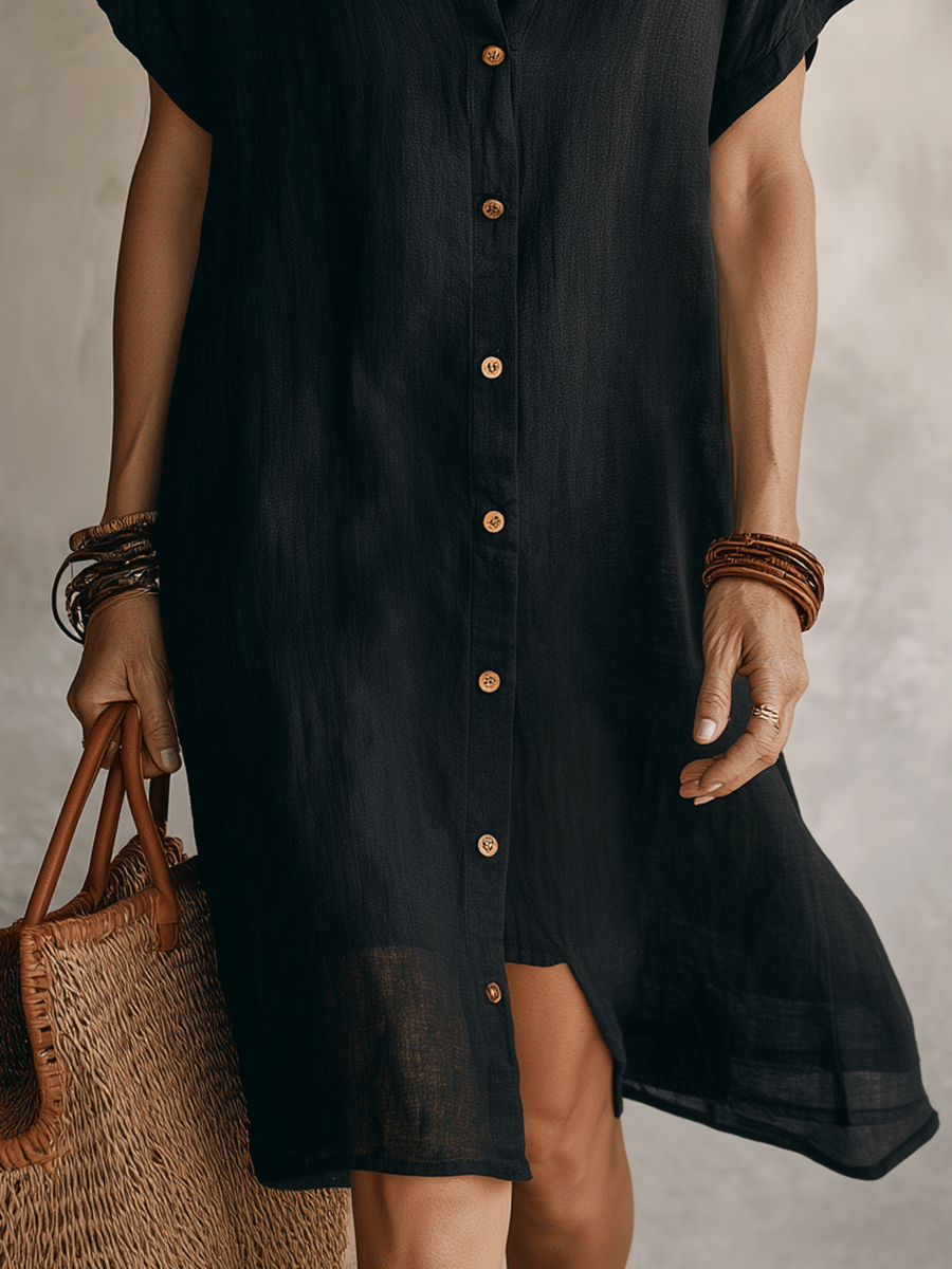 Quenovia - Women's Midi Linen Cotton Shirt Dress Buttoned Short Sleeves