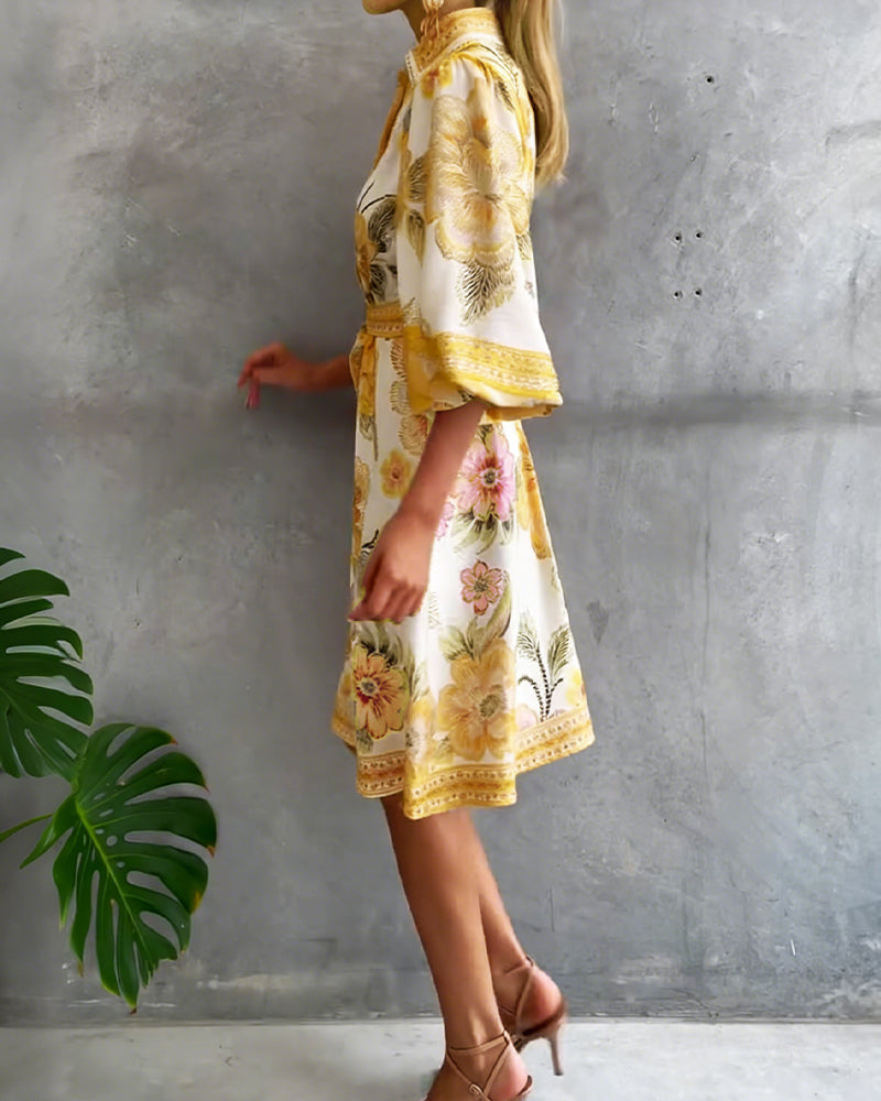Glyssara - Women's Elegant Floral Dress with Lantern Sleeves and Buttons