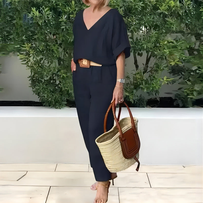 Loxaria - Women's V-neck Top and Pocket Trousers Casual Set