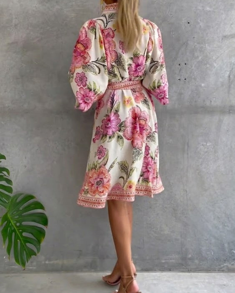 Glyssara - Women's Elegant Floral Dress with Lantern Sleeves and Buttons