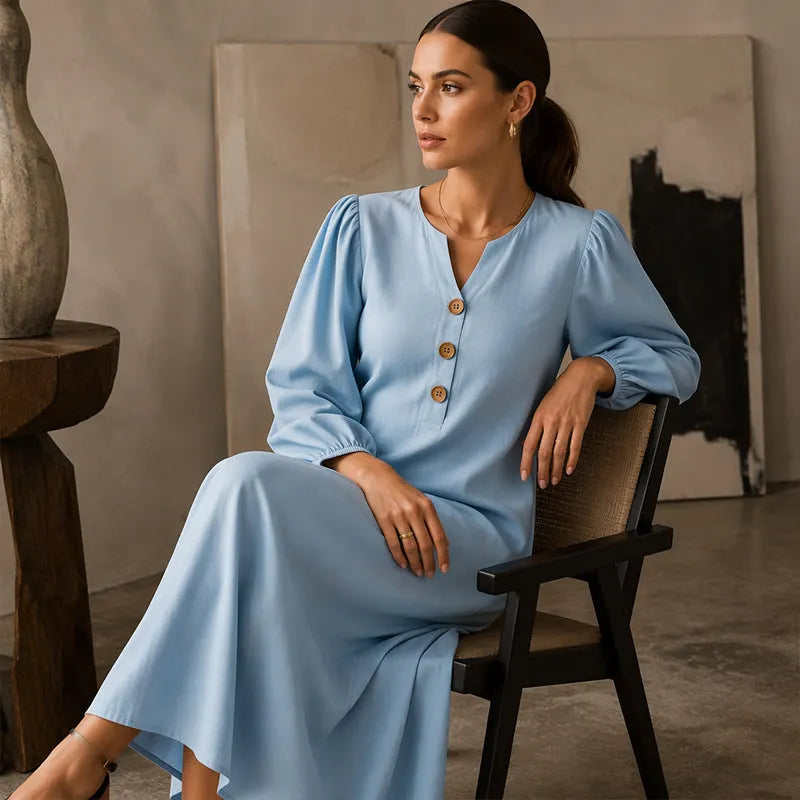 Réjane - Robe maxi femme à col V et manches bouffantes