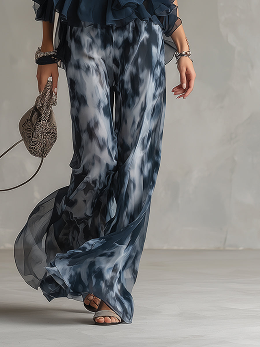 Pheronia - Women's two-piece set chiffon halter neck top wide-leg printed trousers