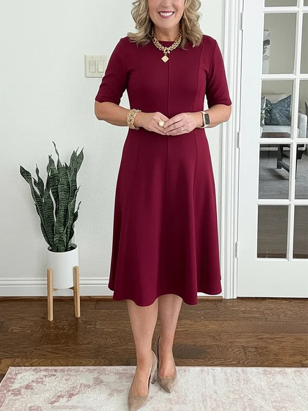 Quirinae - Elegant Midi Dress with Flared Cut and Sleeves
