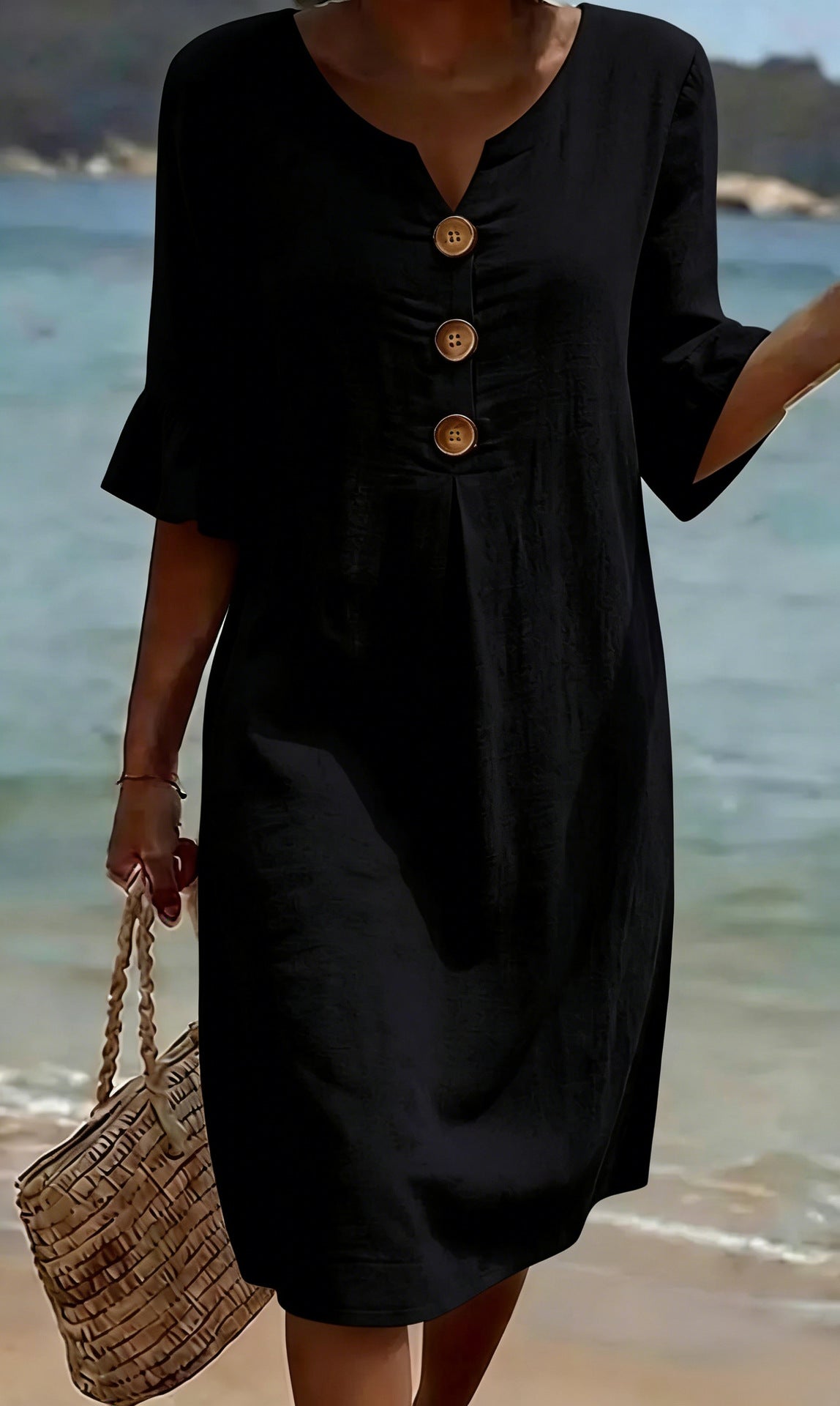Beatrix - Women's Cotton Linen Dress Flowy Cut Buttons Flared Sleeves Elegant