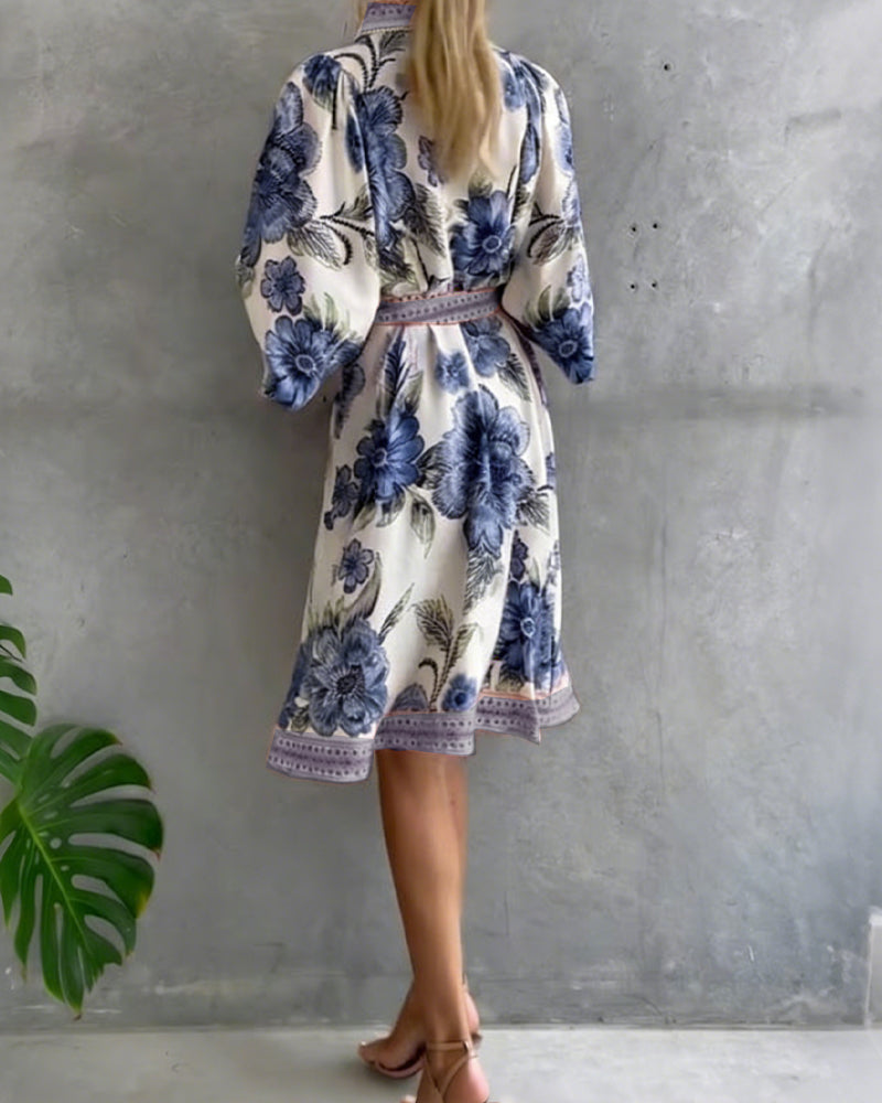 Glyssara - Women's Elegant Floral Dress with Lantern Sleeves and Buttons