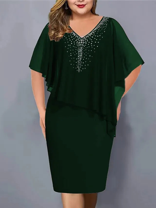 Lorenne - Women's Cape Dress with Rhinestones and Chiffon Overlay