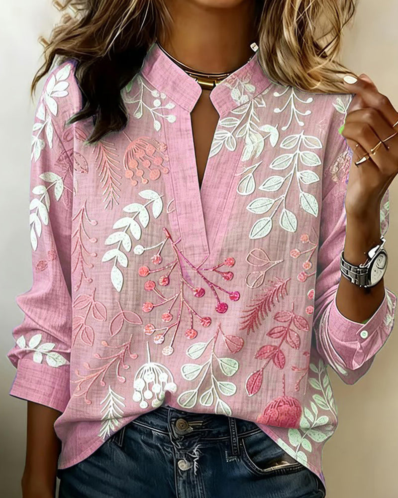 Drynora - Women's Floral Print Open Collar Long Sleeve Elegant Style Blouse