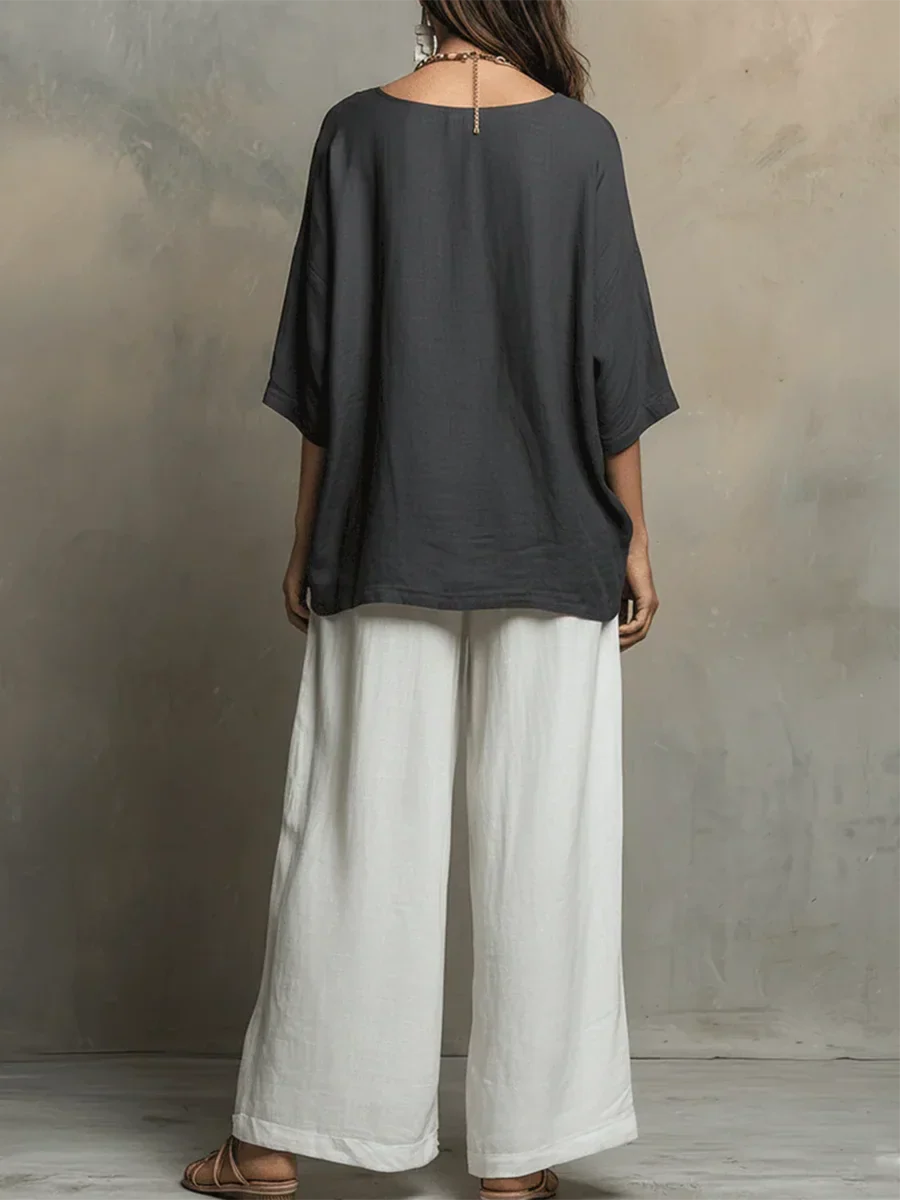 Tyvella - Women's Two-Piece Linen Outfit Loose Fit Wide Leg Pants