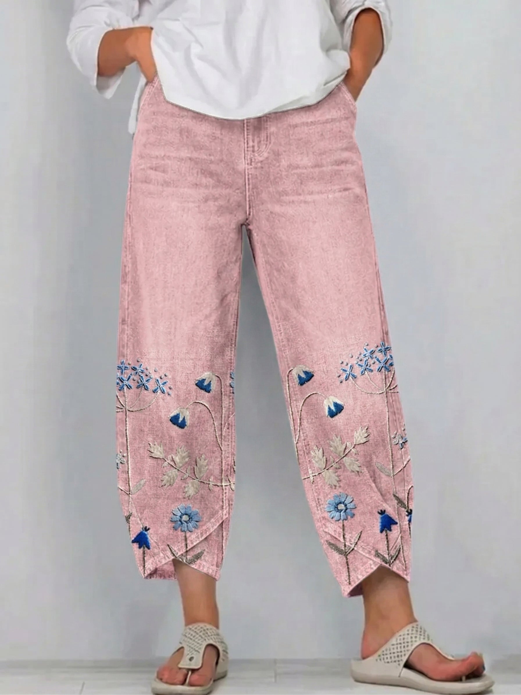 Fiorixa - Women's straight-cut casual denim pants with floral embroidery