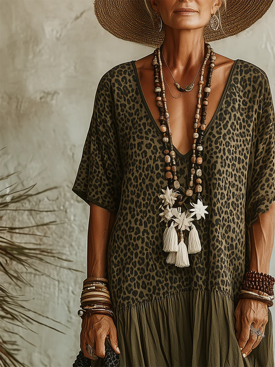 Syverelle - Flowy Cotton Leopard Bohemian Midi Dress