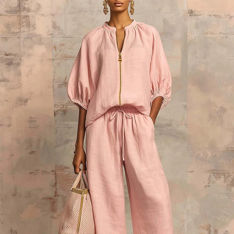 Calyndra - Women's solid color two-piece set with zipped top and wide-leg trousers