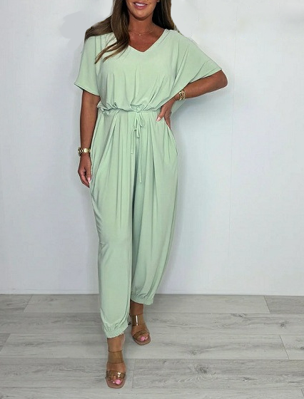 Yola - Cotton jumpsuit with V-neck and tie belt