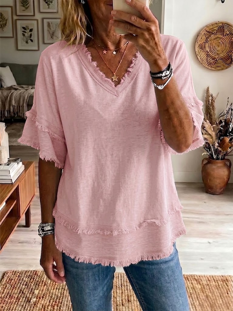 Jovrya - Women's Linen V-Neck Short Sleeve Relaxed Fit Summer Top