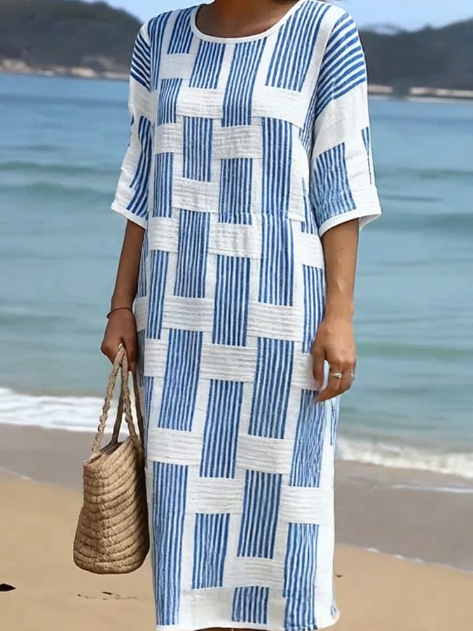 Katarina - Women's Cotton Linen Round Neck Three-Quarter Sleeve Printed Dress