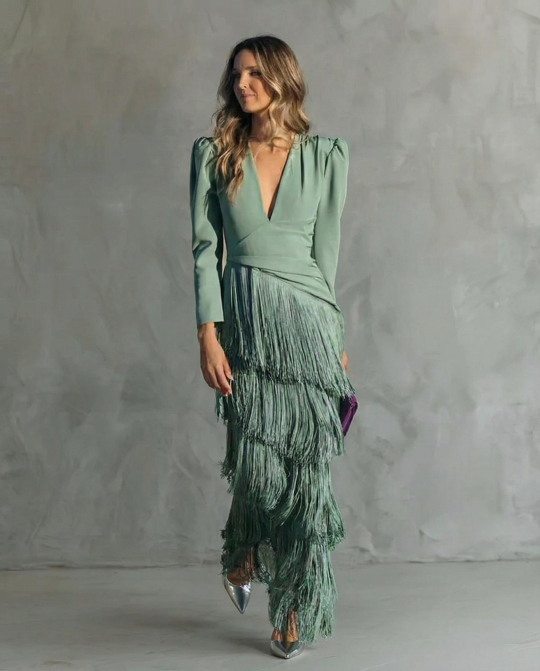 Brigitte - Women's Elegant Fringe V-Neck Long Sleeve Midi Dress