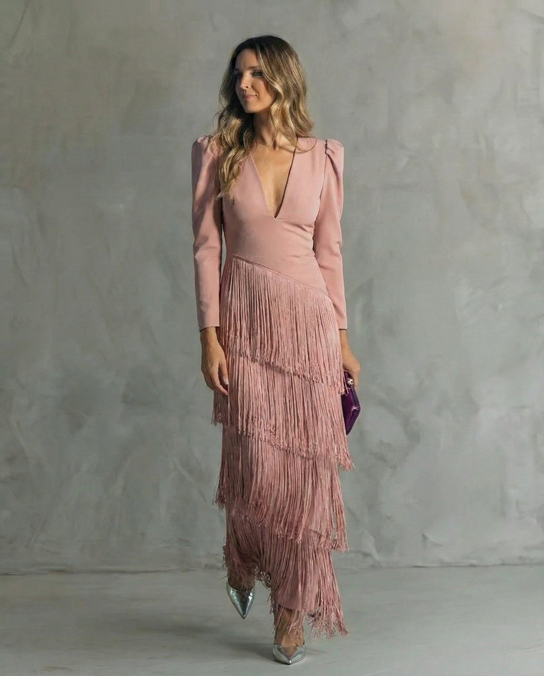 Brigitte - Women's Elegant Fringe V-Neck Long Sleeve Midi Dress