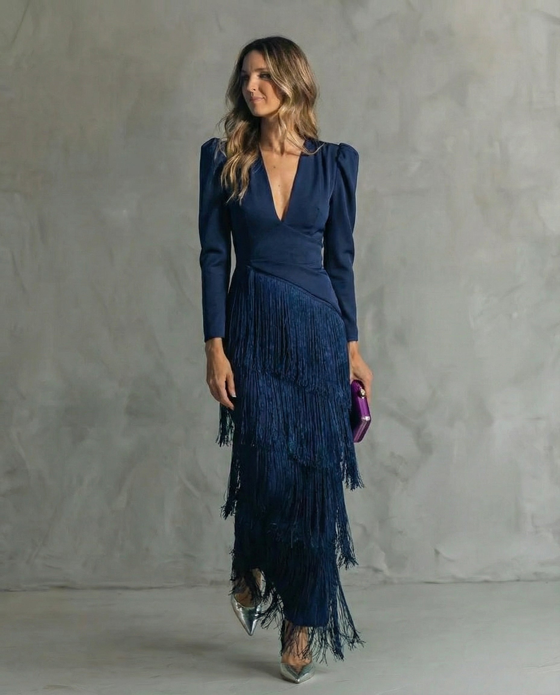 Brigitte - Women's Elegant Fringe V-Neck Long Sleeve Midi Dress