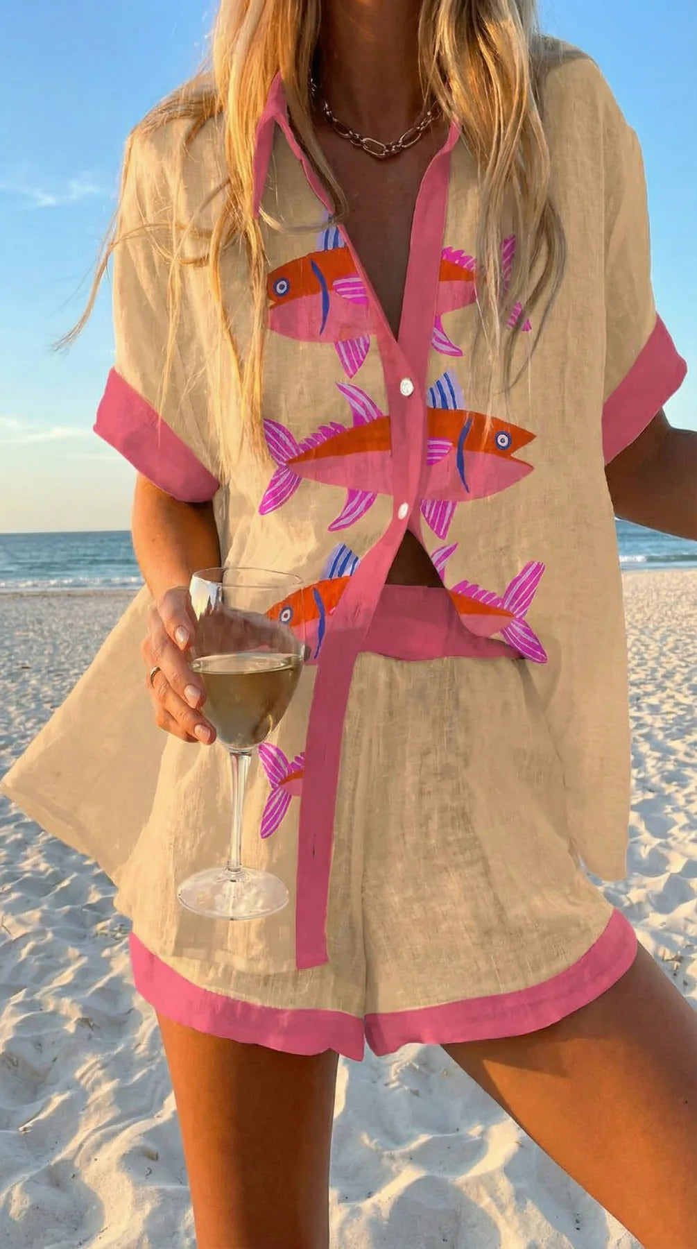 Faselyra - Women's Boho Beach Style Fish Print Shirt and Shorts Set