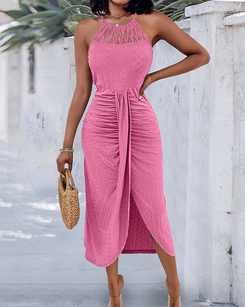 Fynovia - Women's elegant halter neck openwork jacquard split midi dress
