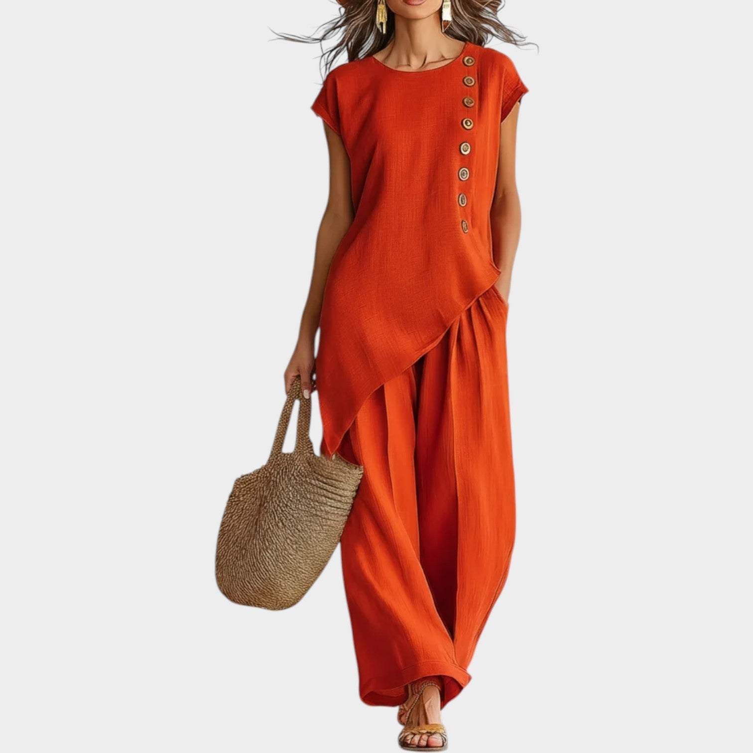Tyvra - Women's Summer Flowy Linen Set with Side Buttons