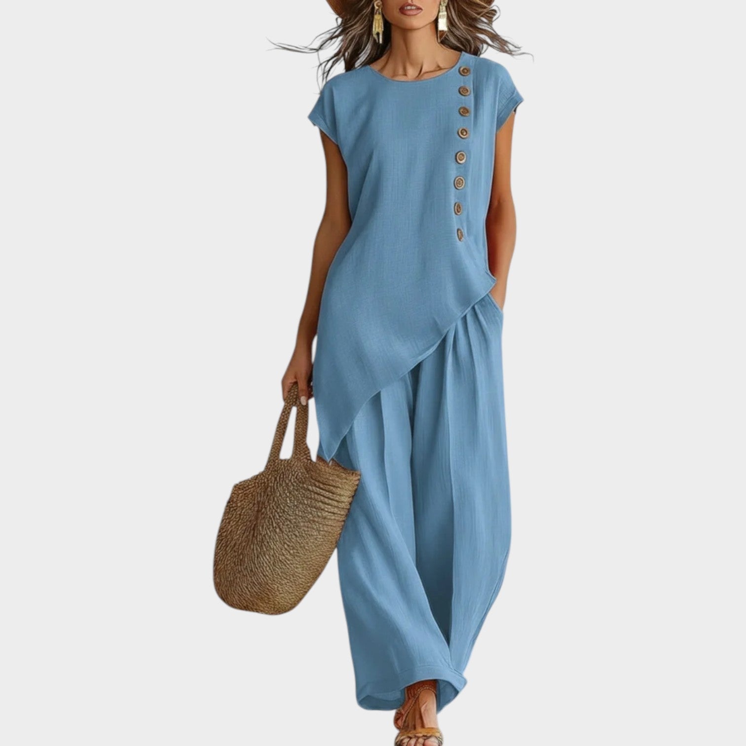 Tyvra - Women's Summer Flowy Linen Set with Side Buttons