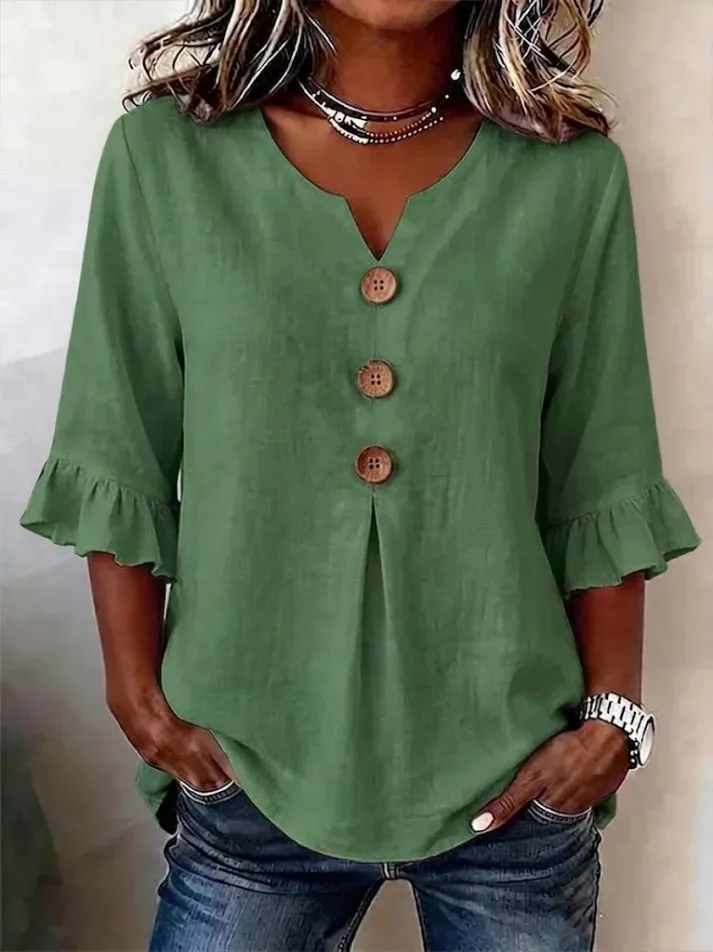 Lythra - Women's V-Neck Button-Down Half-Sleeve Flowy Blouse