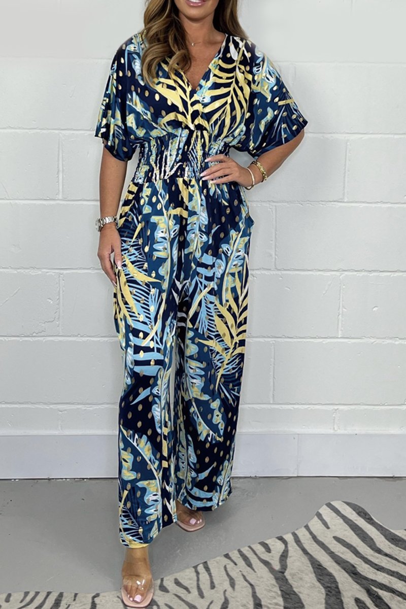 Lucia - Women's flowing tropical short-sleeved V-neck jumpsuit