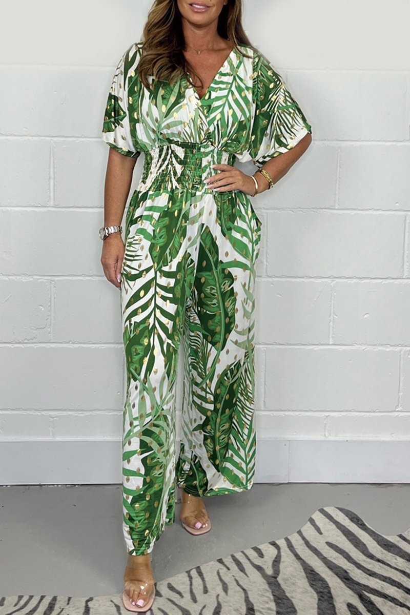 Lucia - Women's flowing tropical short-sleeved V-neck jumpsuit