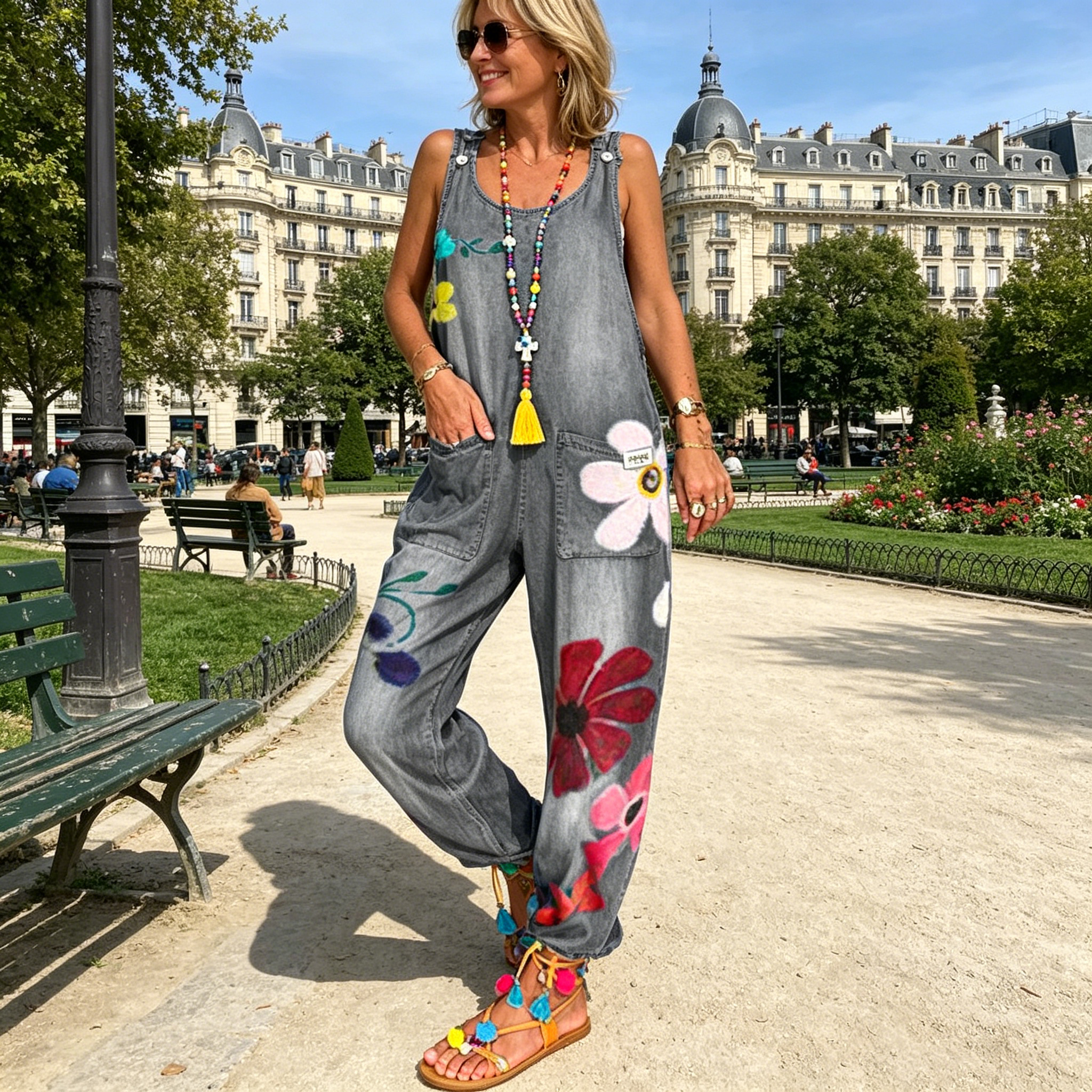 Jovalythra - Women's Casual Loose Fit Floral Denim Jumpsuit