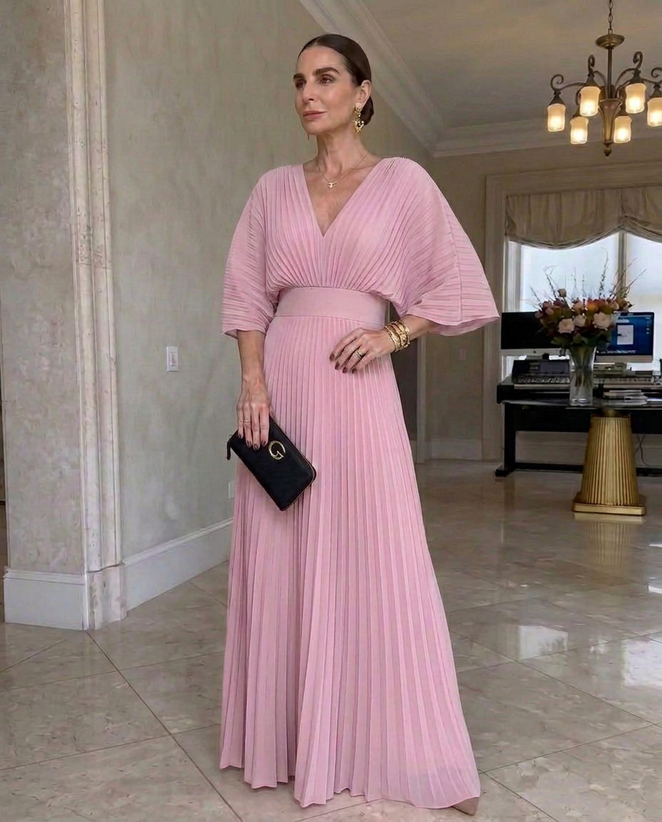 Rynavelle - Women's Elegant Pleated V-Neck Flowy Maxi Dress