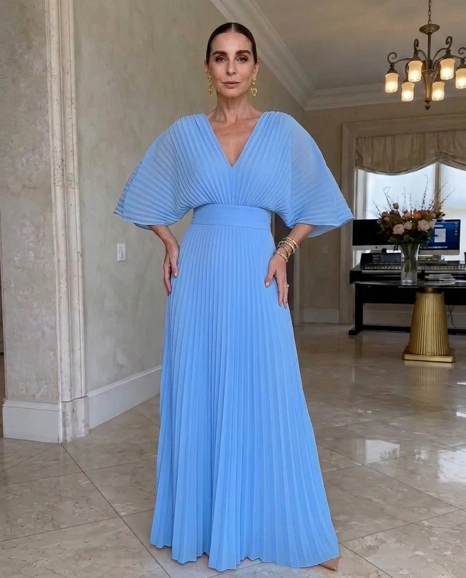 Rynavelle - Women's Elegant Pleated V-Neck Flowy Maxi Dress