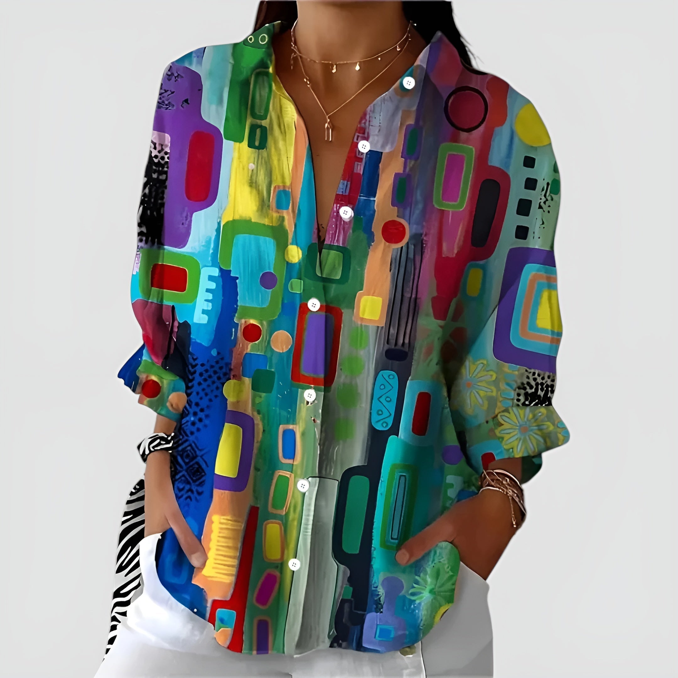 Cerelia - Comfortable Geometric Pattern Blouse for Modern Everyday Style