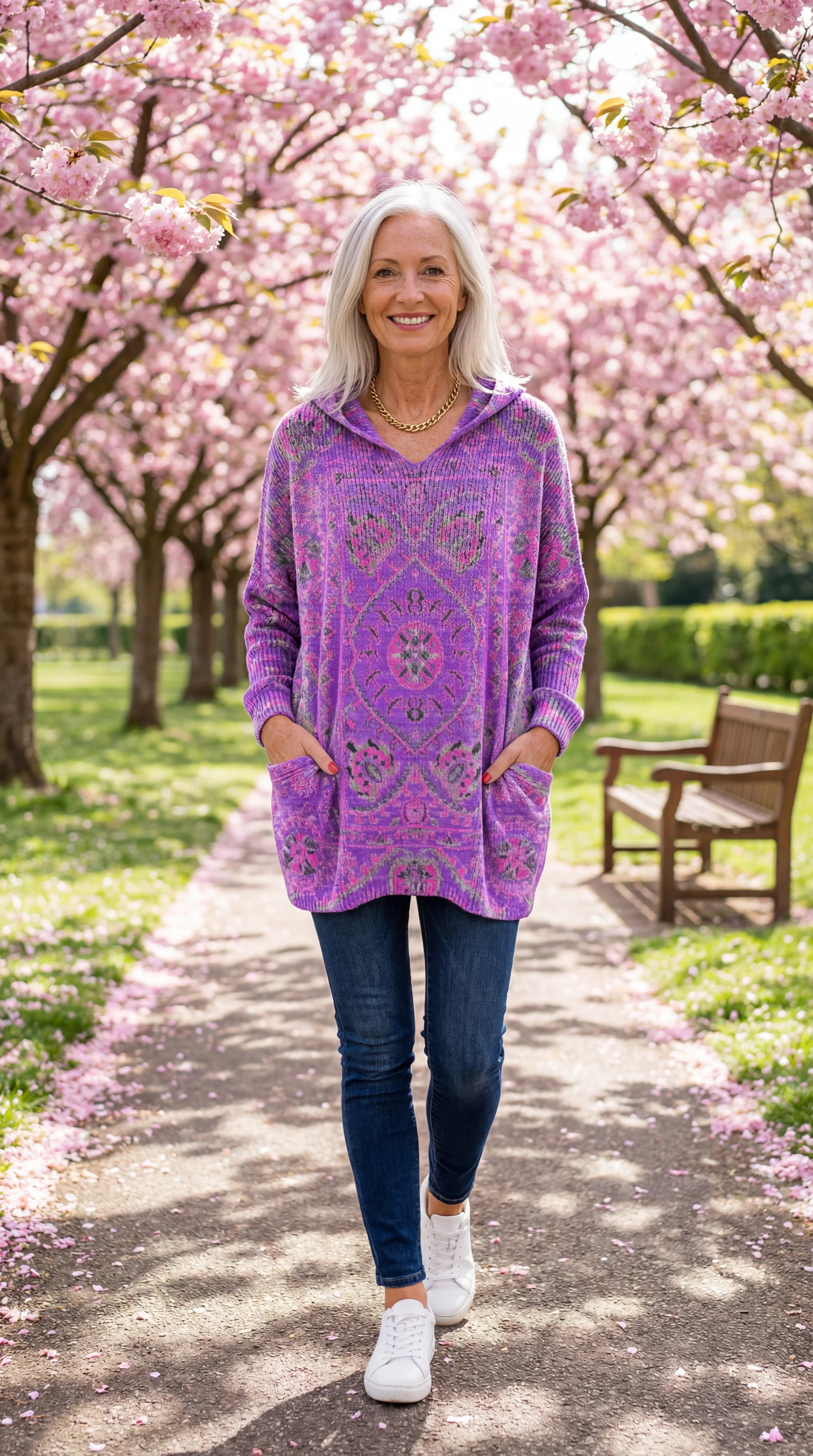 Hynessa - Women's hooded tunic, printed, loose fit, modern casual style