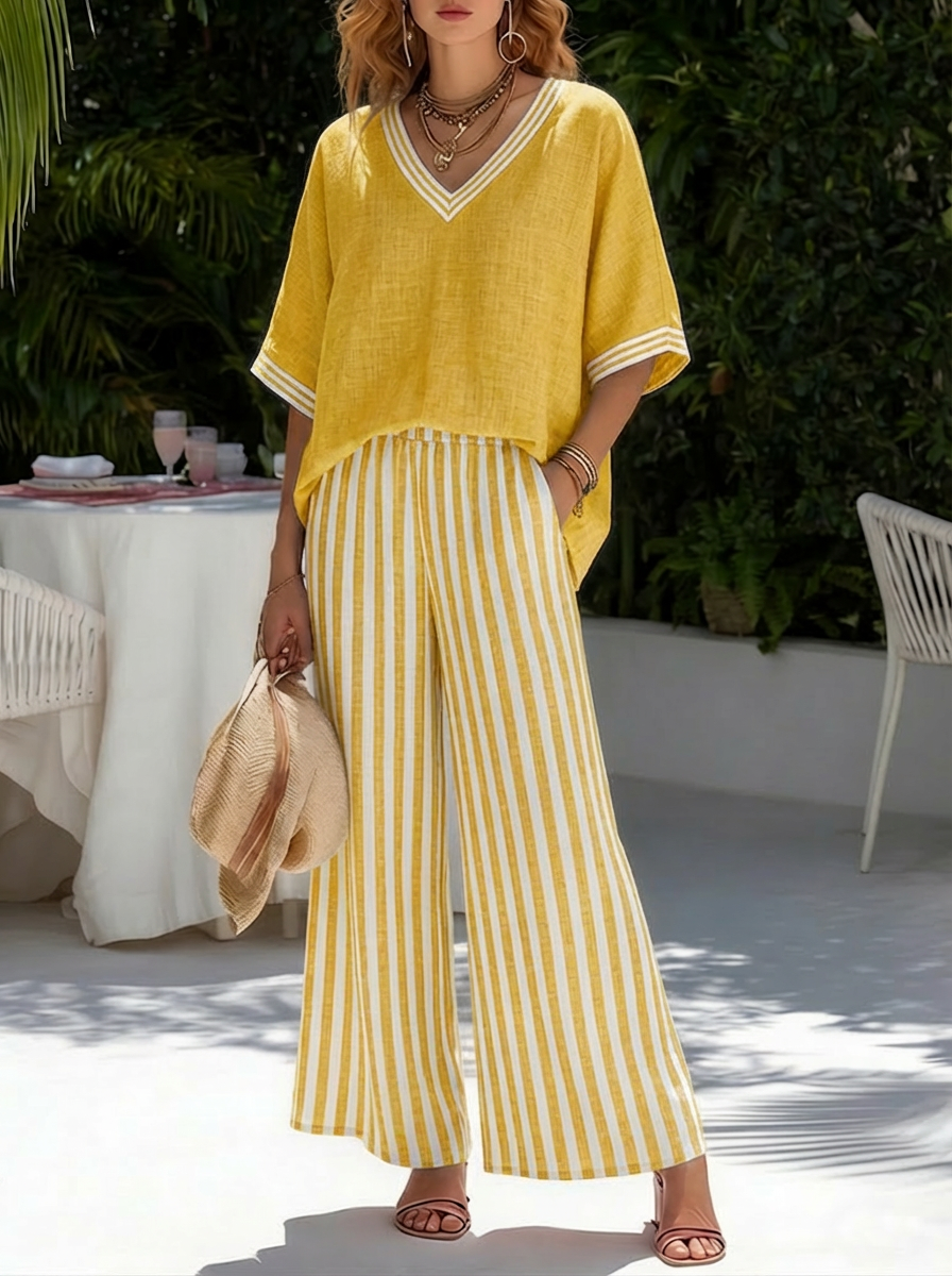Gorixa - Women's Striped Linen Cotton Loose Fit Set Elegant Summer Style