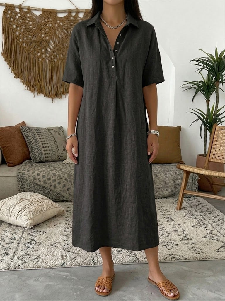 Iovelle - Women's Casual Cotton Linen Polo Dress Short Sleeve Summer