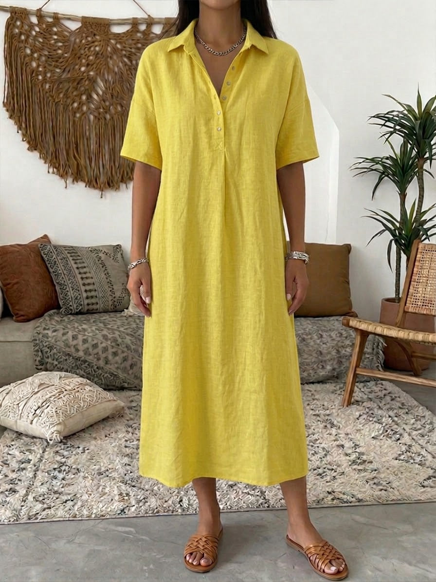 Iovelle - Women's Casual Cotton Linen Polo Dress Short Sleeve Summer