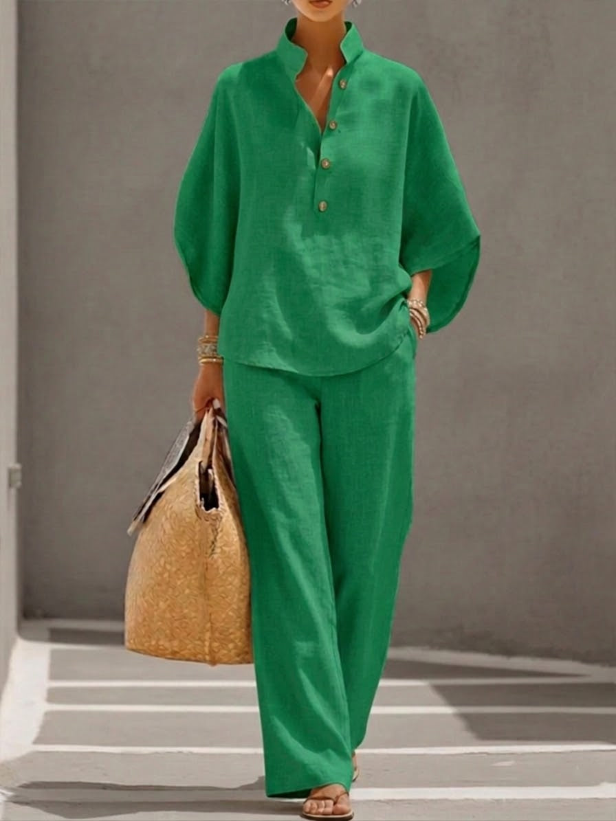 Daxira - Women's Cotton Linen Two-Piece Batwing Sleeve Wide-Leg Pants Set