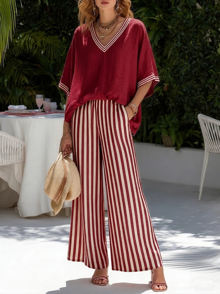 Gorixa - Women's Striped Linen Cotton Loose Fit Set Elegant Summer Style