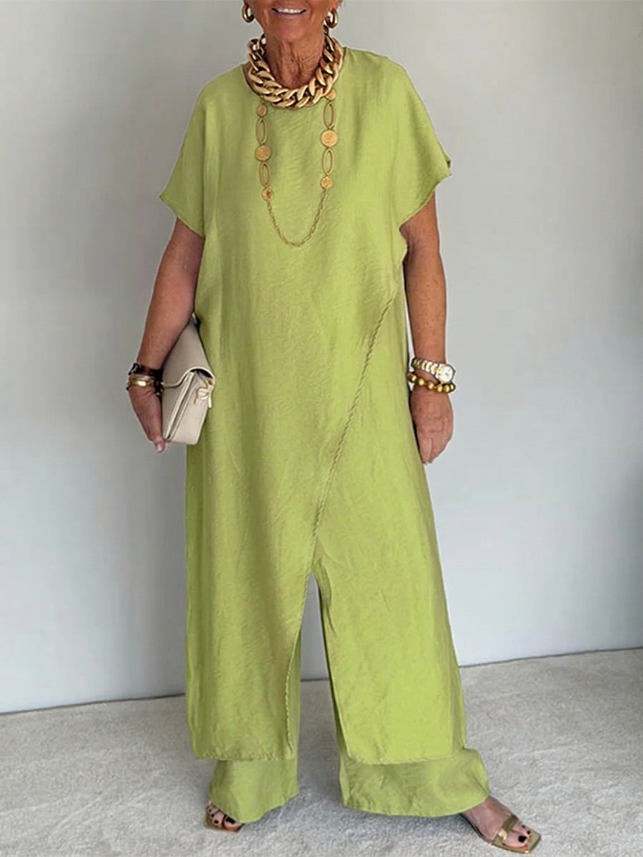 Gavinae - Women's Two-Piece Set: Long Tunic and Wide Linen Pants