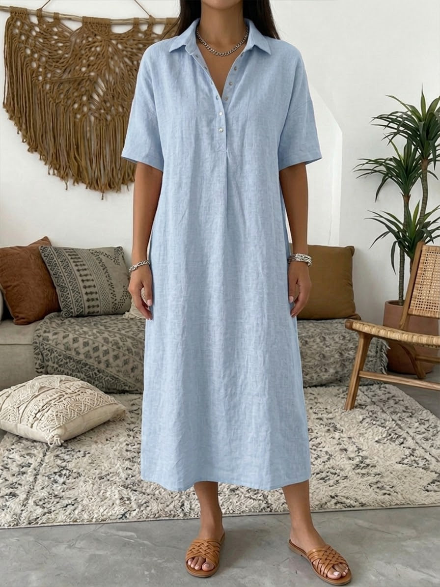 Iovelle - Women's Casual Cotton Linen Polo Dress Short Sleeve Summer