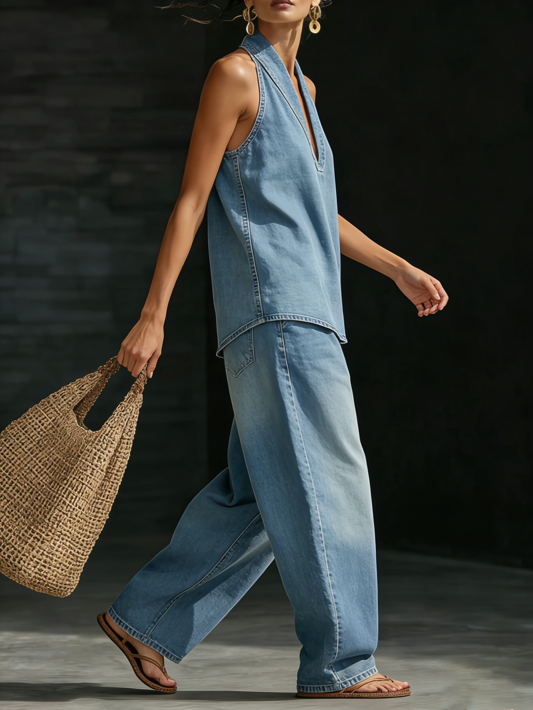 Lunvexa - Women's Two-Piece Denim Set Halter Top Wide Leg Jeans