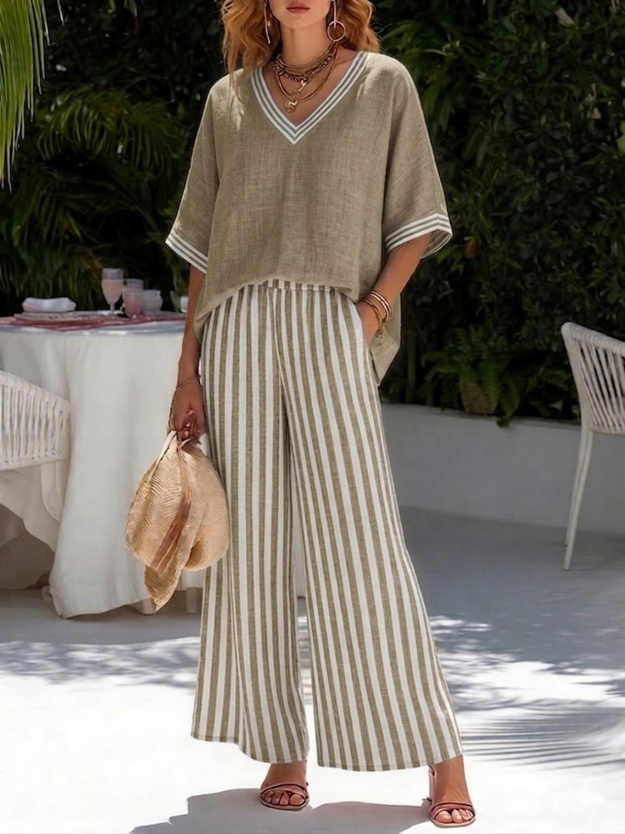Gorixa - Women's Striped Linen Cotton Loose Fit Set Elegant Summer Style
