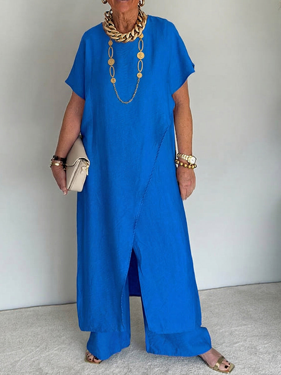 Gavinae - Women's Two-Piece Set: Long Tunic and Wide Linen Pants