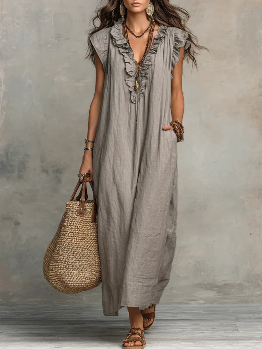 Izzellea - Women's Long Bohemian Linen Cotton Dress Loose Fit Elegant Ruffles
