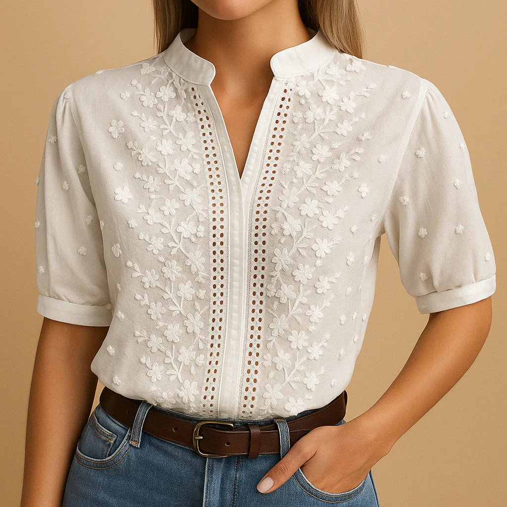 Tylarisse - Elegant white women's blouse with refined floral embroidery