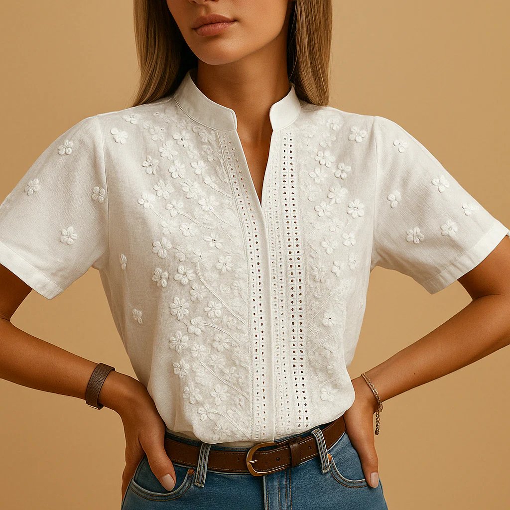 Tylarisse - Elegant white women's blouse with refined floral embroidery